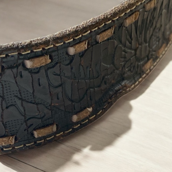 Vintage Etched Leather Rhinestone Horseshoe Black Belt w/Detachable Hardware XL - Picture 8 of 10